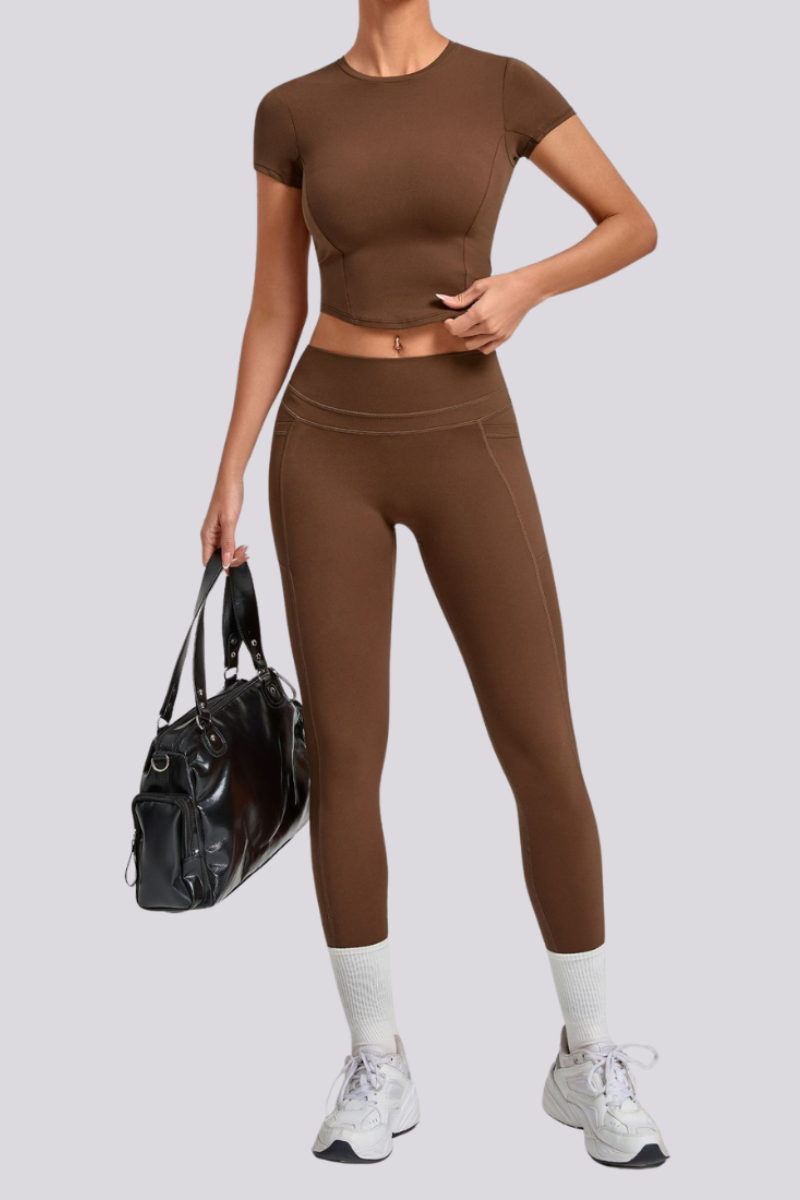 Women's Crew Neck T-shirt Pocket Leggings Yoga 2 Piece Set