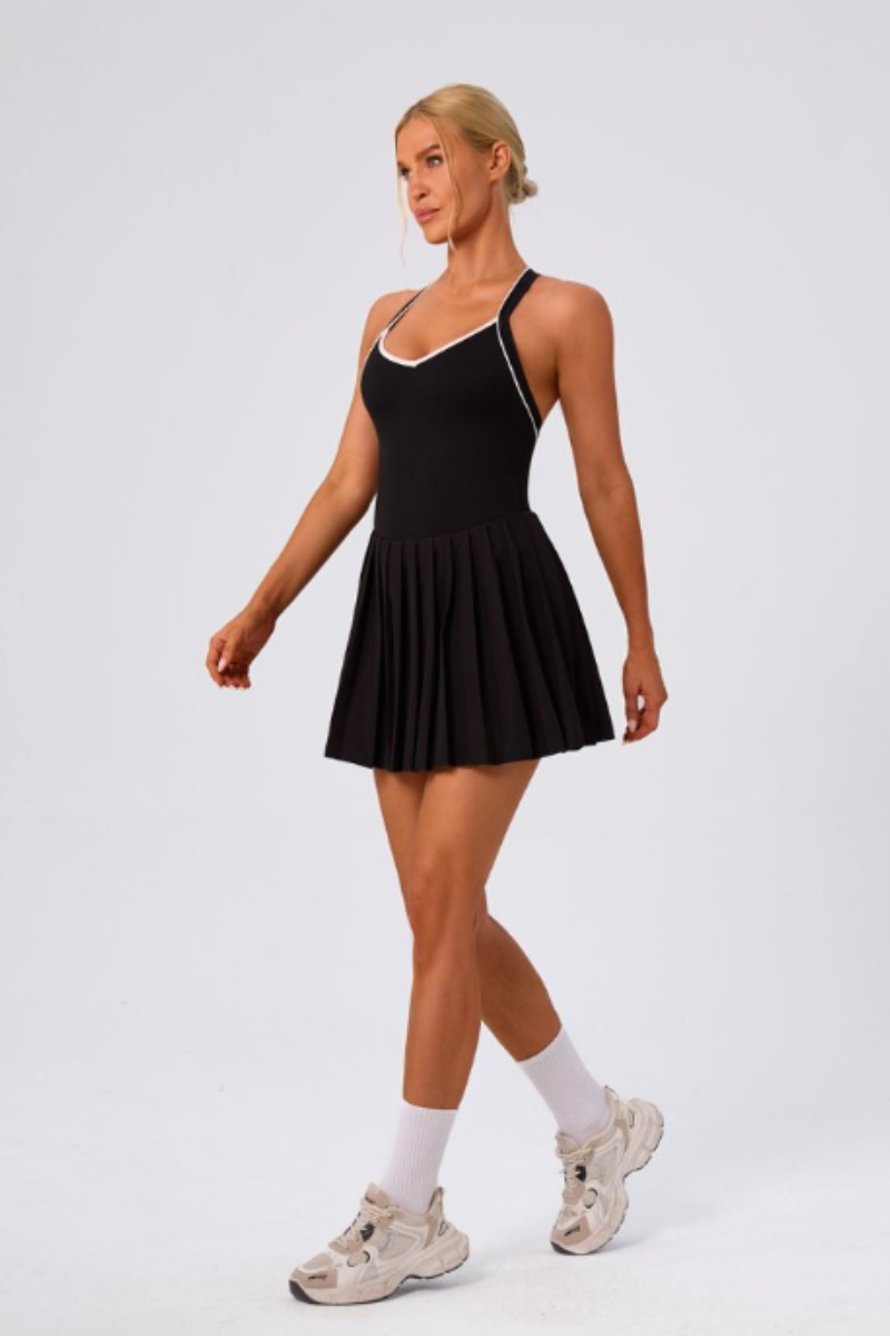 Women's Color Block V-Neck Cross-Back Pleated Tennis Dress