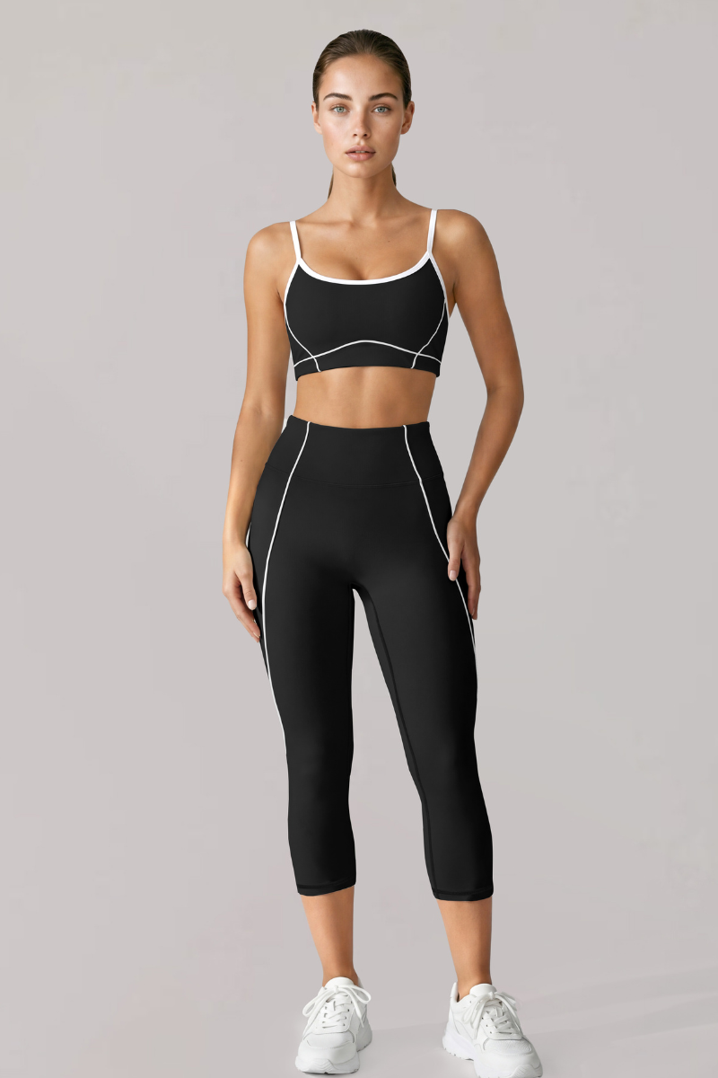 Women's Contrast-Line Bra And Capri Leggings Yoga Set