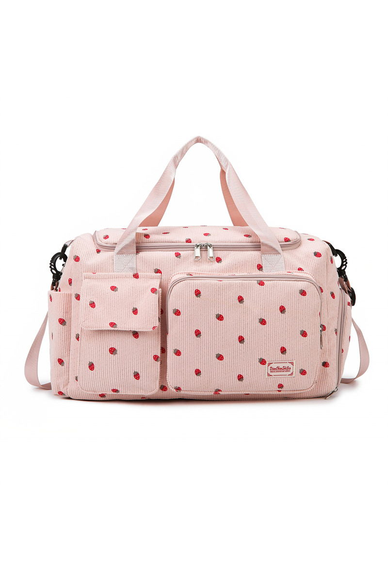 Strawberry Print Corduroy Multi-Pocket Travel Duffel Bag