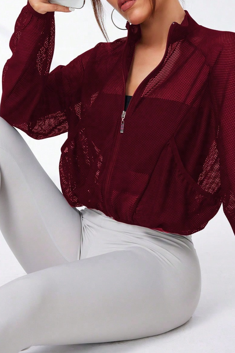 Women's Mock Neck Full Mesh Sheer Cropped Zip-Up Jacket