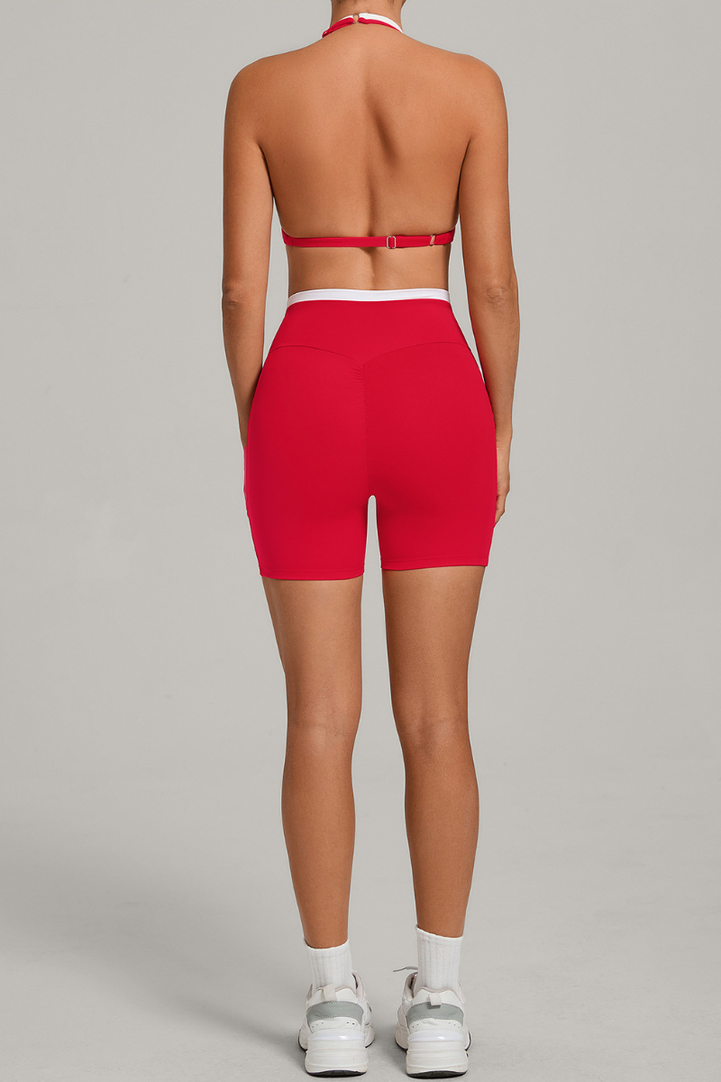 Women's Color Block Set:Halter Bra & V Waist Pocket Shorts