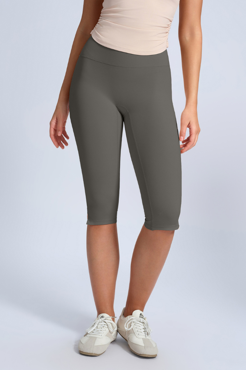 Women's High Waist Capri Leggings with Side Slit at Hem