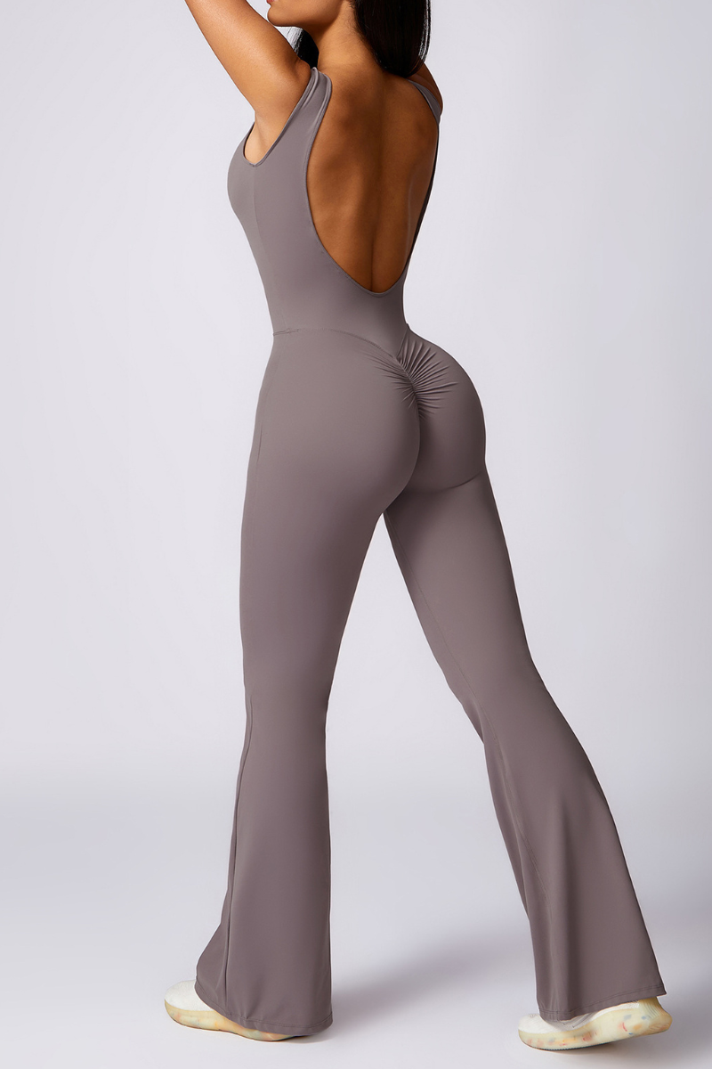 Women Pleated Buttocks Lift Padded Flared Leg Yoga Jumpsuit