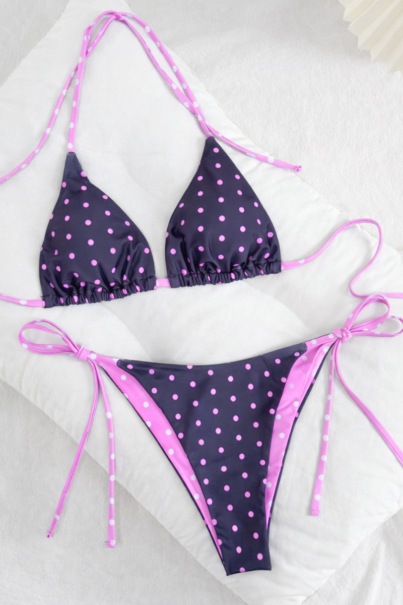 Women Summer Retro Polka Dot Triangle Halter Side Tie Bikini
