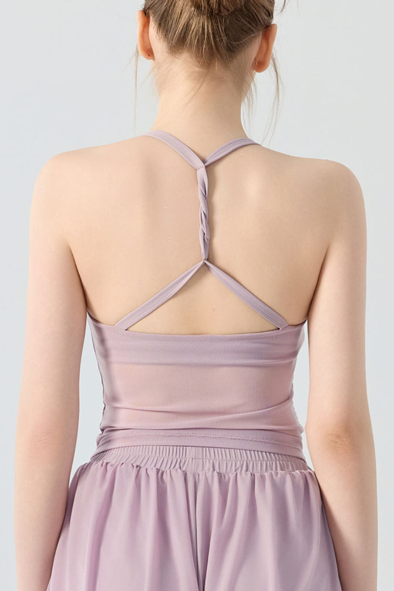 Women's Halter Mesh Ruched Waist Padded Yoga Tank Top
