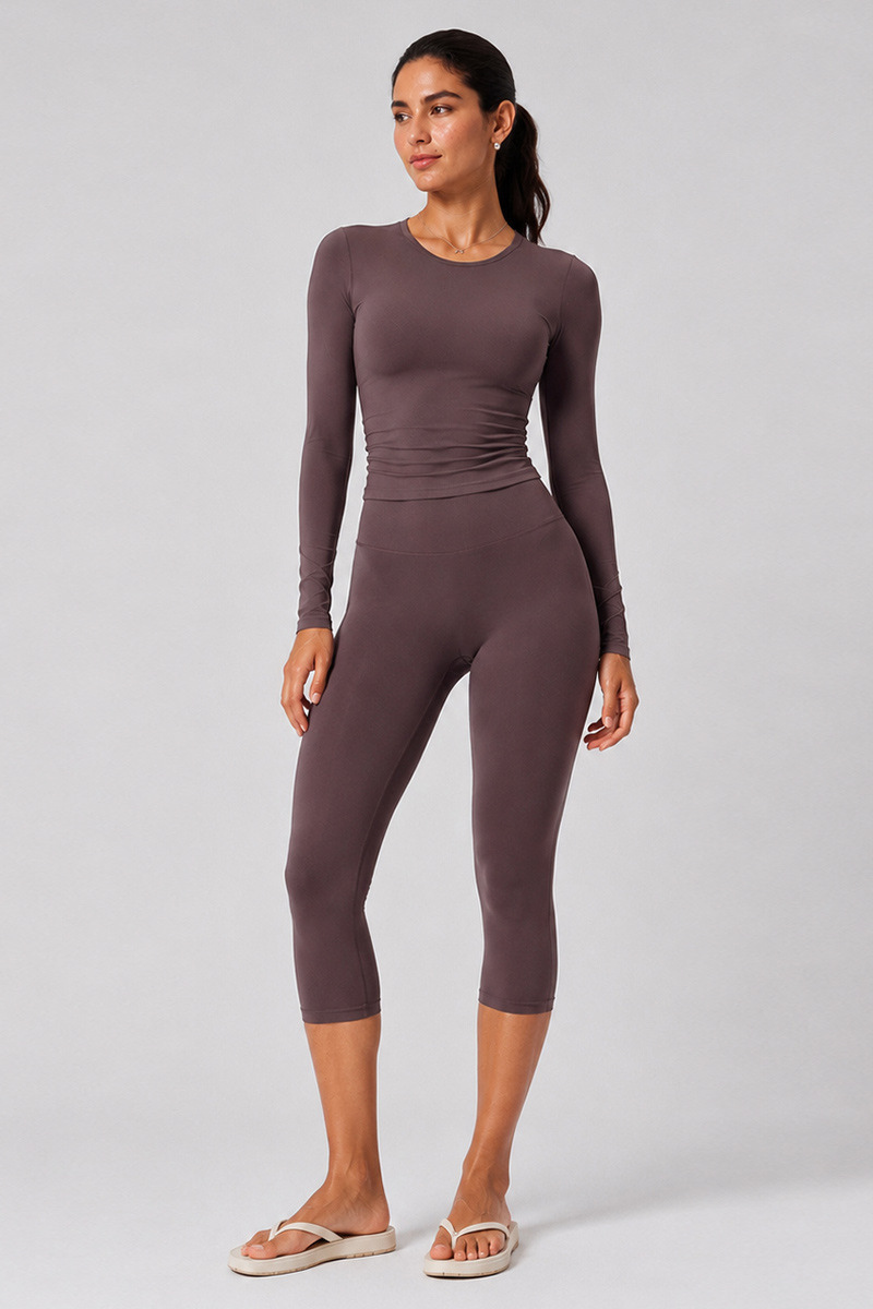 Women's Brushed Crew Neck Long Sleeve T-shirt And Capri Yoga Set