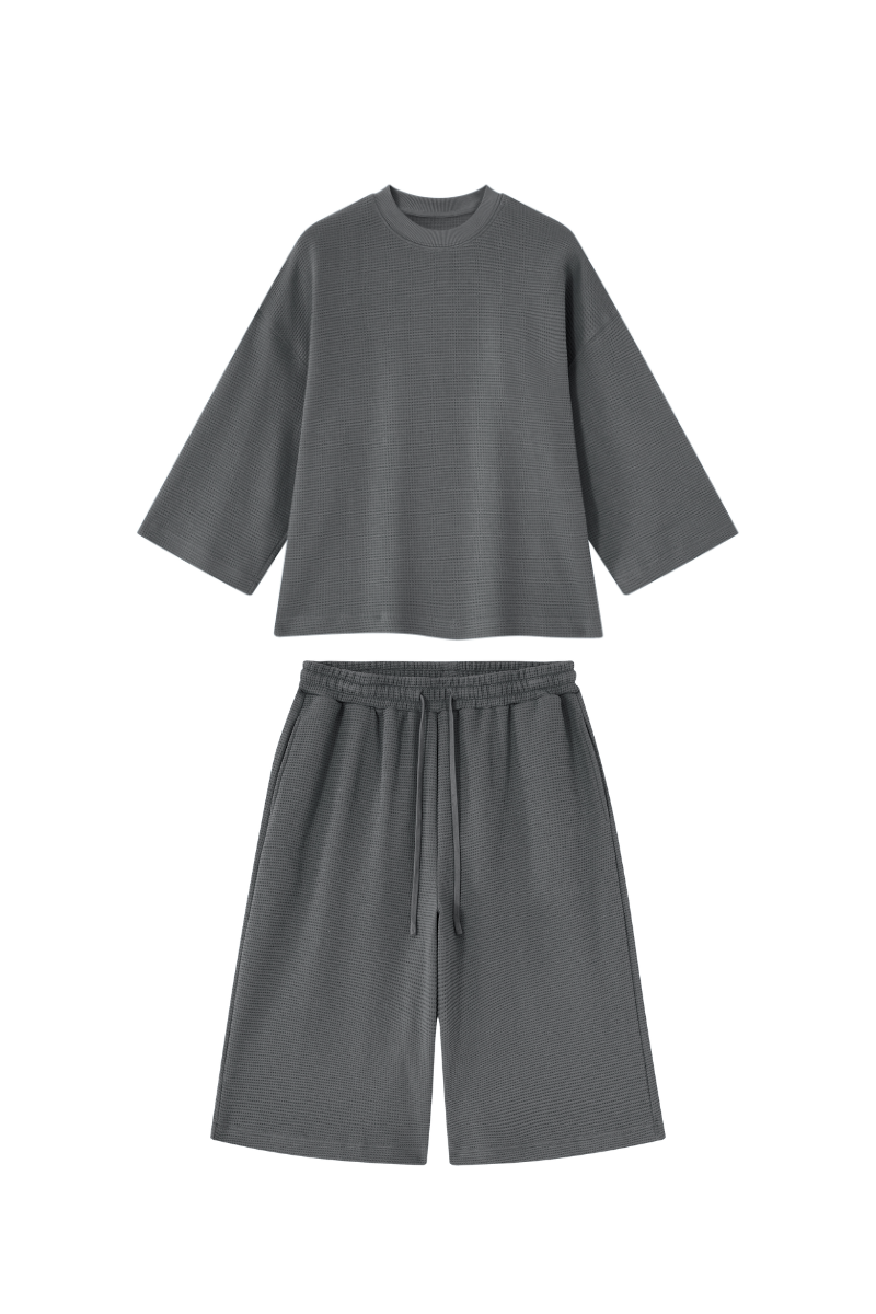 Men's Waffle Knit Set:Loose Fit T-shirt & Knee Length Shorts