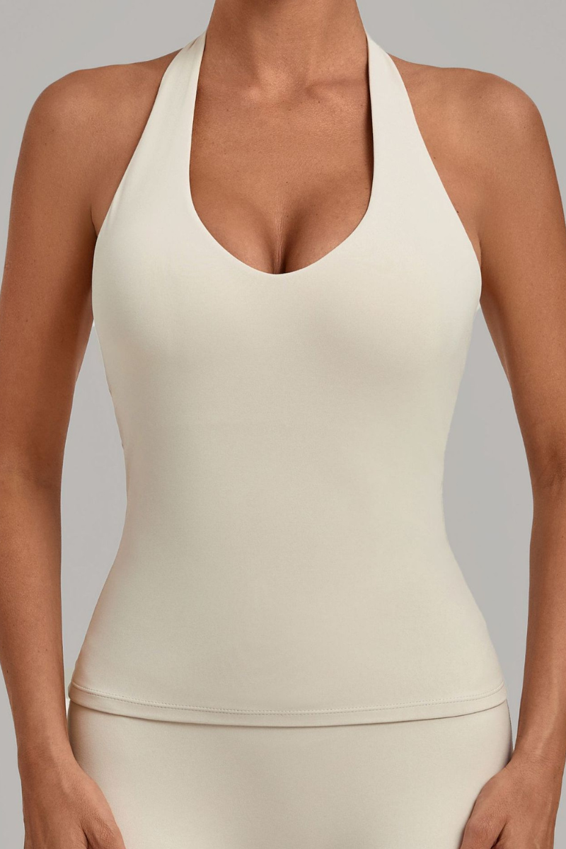 Women's Deep U Halter Slim Cropped Open Back Yoga Tank Top