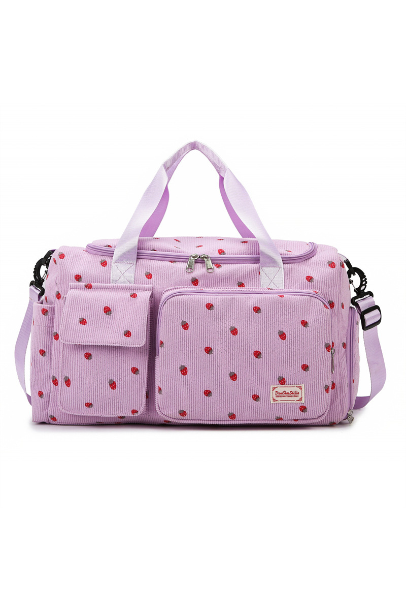 Strawberry Print Corduroy Multi-Pocket Travel Duffel Bag
