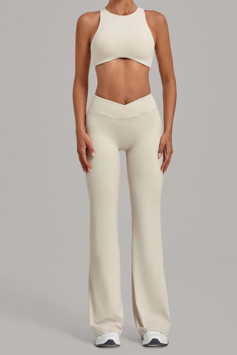 Women Cutout Back Cropped Tank Top & V waist Flare Pants Set