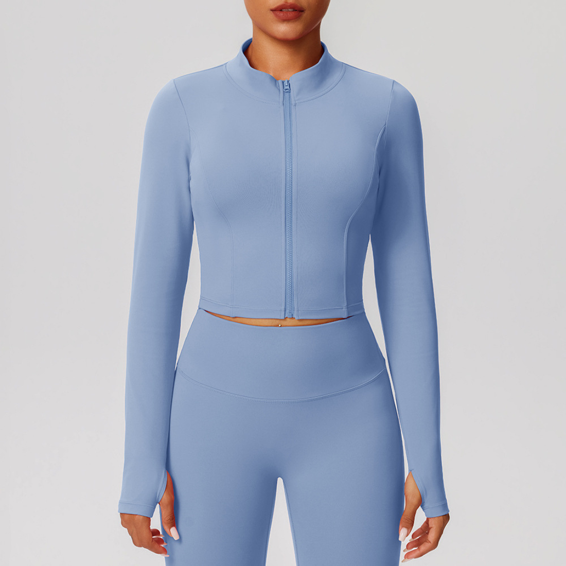 Women's Mock Neck Zipper Cropped Finger Cuffs Sports Jacket