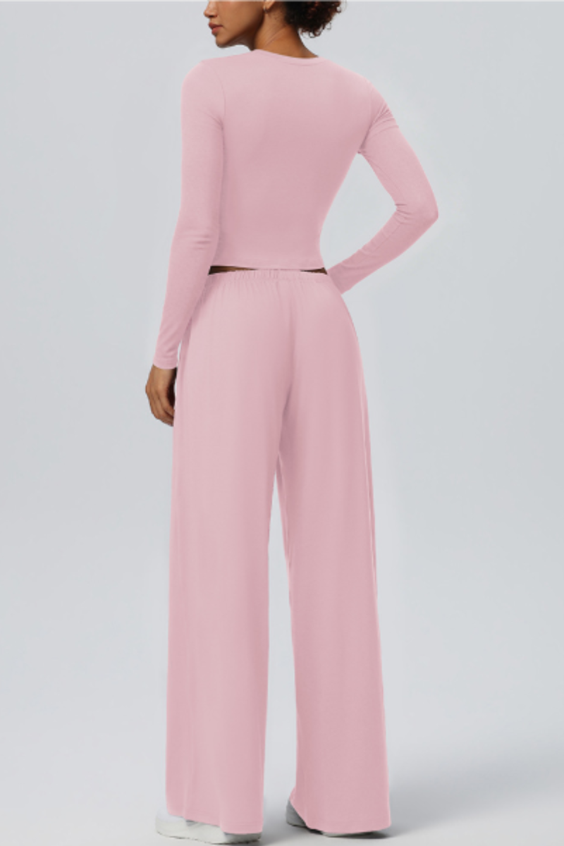Women's Crew Neck Cropped Top and Casual Pants 2 Piece Set