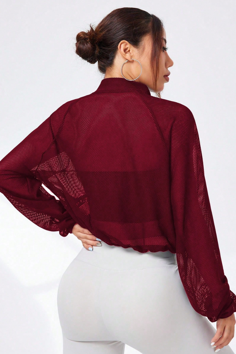 Women's Mock Neck Full Mesh Sheer Cropped Zip-Up Jacket