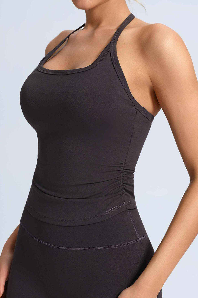 Women's Athletic Halter Side Pleated Long Yoga Tank Top