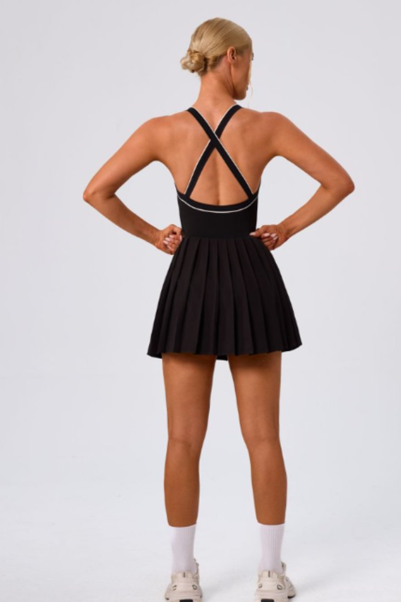 Women's Color Block V-Neck Cross-Back Pleated Tennis Dress