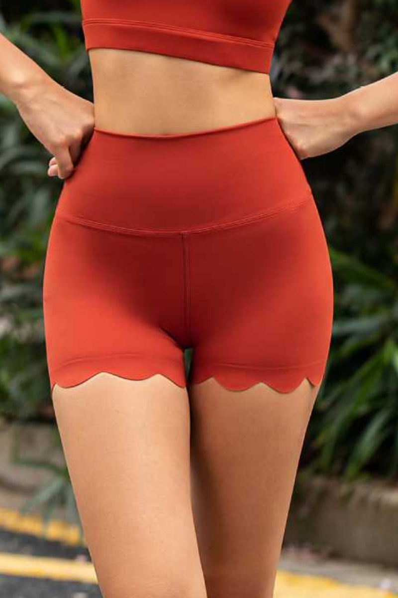 Women's High Waist Scalloped Hem Bare Feel Sports Shorts