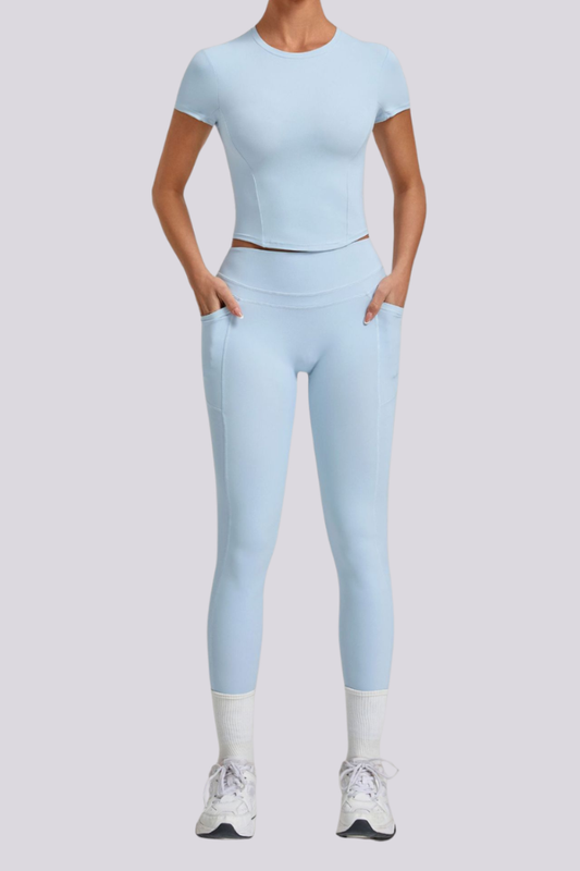 Women's Crew Neck T-shirt Pocket Leggings Yoga 2 Piece Set