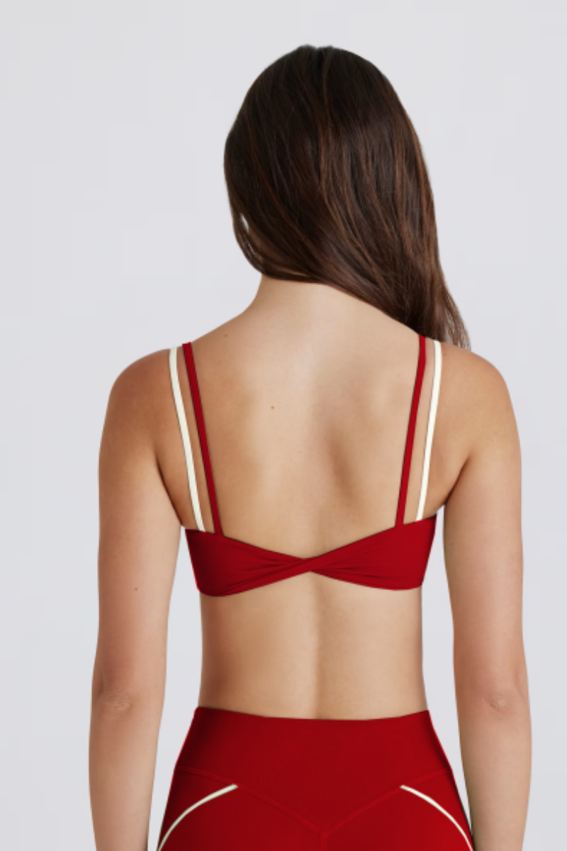 Women's Color-Block Double Thin Strap Twist Back Yoga Bra