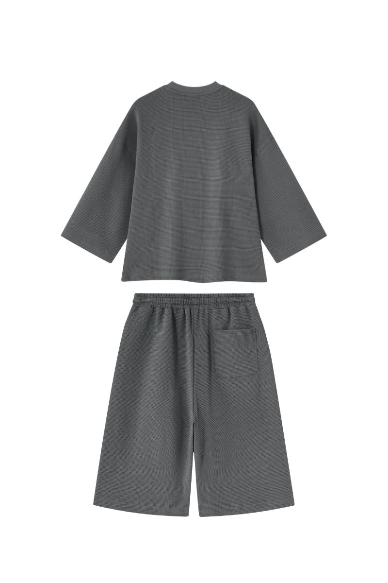 Men's Waffle Knit Set:Loose Fit T-shirt & Knee Length Shorts