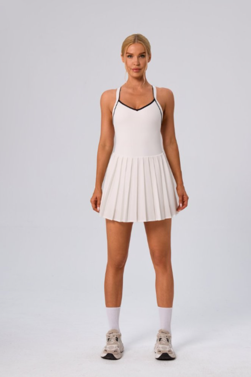 Women's Color Block V-Neck Cross-Back Pleated Tennis Dress