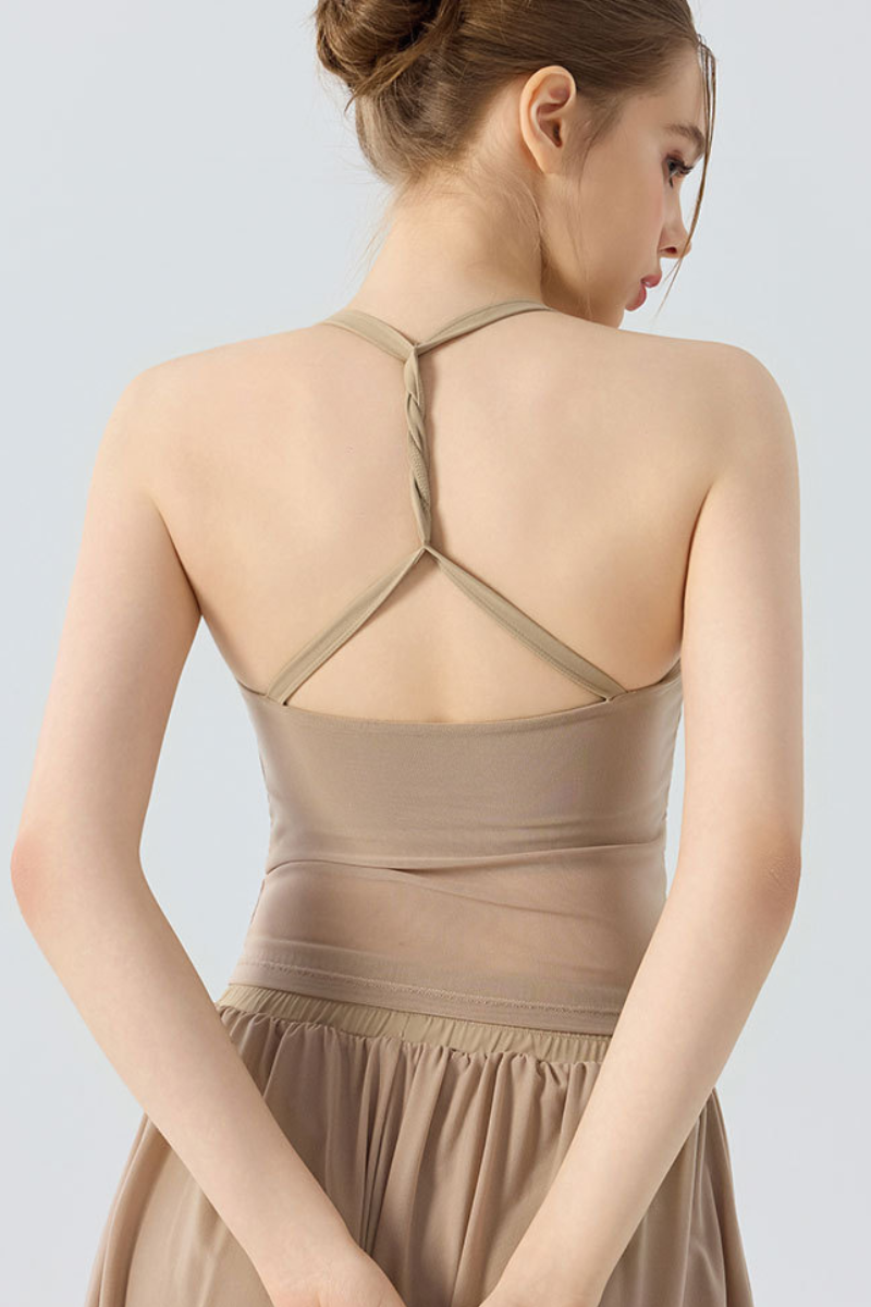 Women's Halter Mesh Ruched Waist Padded Yoga Tank Top