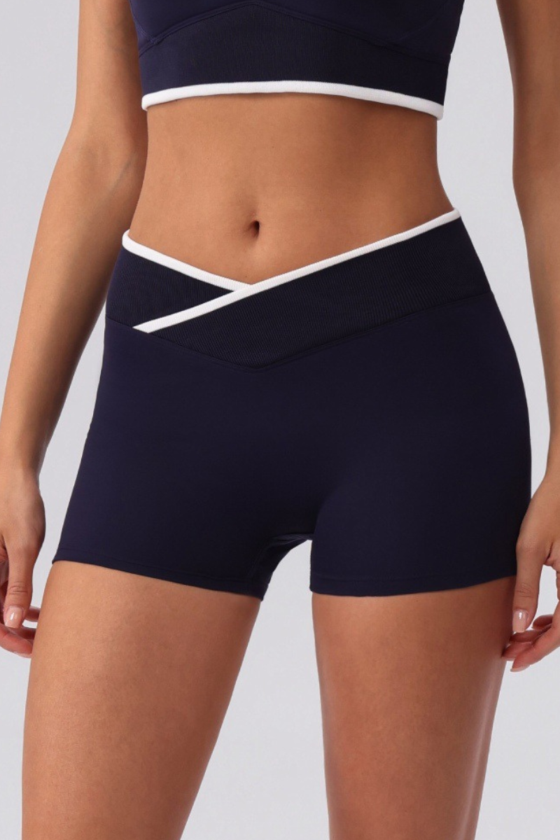 Women's Contrast Cross V Waist Bare Feel Yoga Shorts