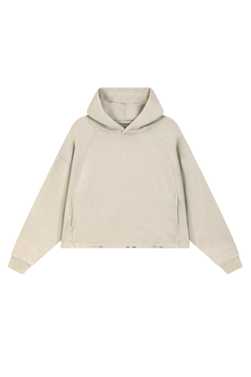 Unisex Fall Vintage Washed Raw Hem Crop Boxy Hoodie