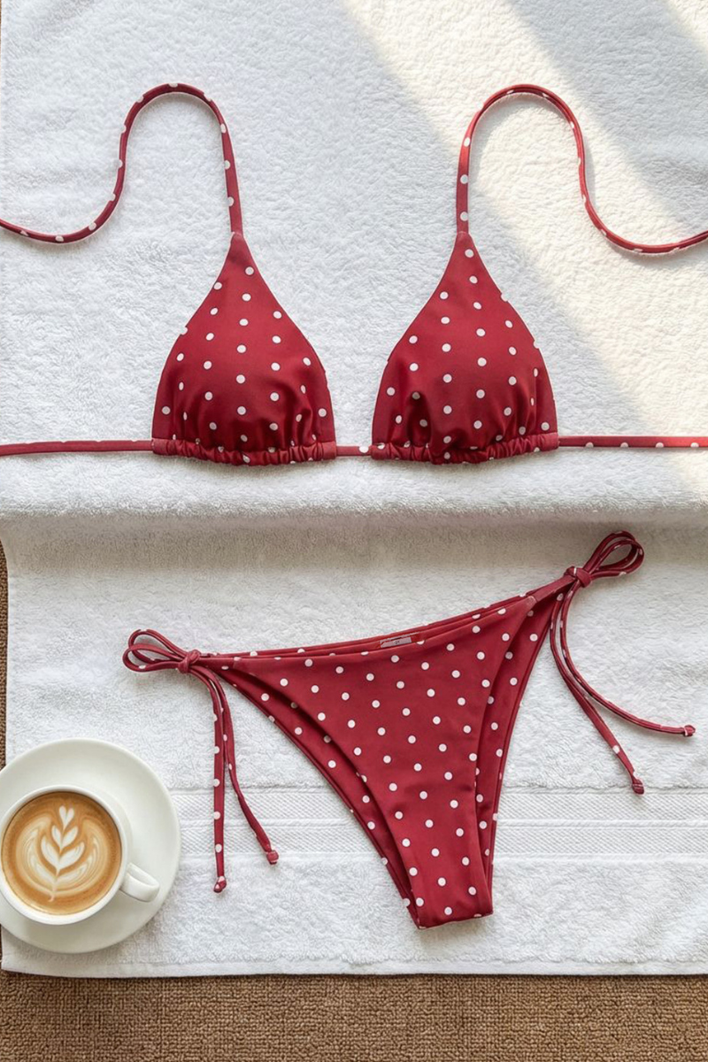 Women Summer Retro Polka Dot Triangle Halter Side Tie Bikini