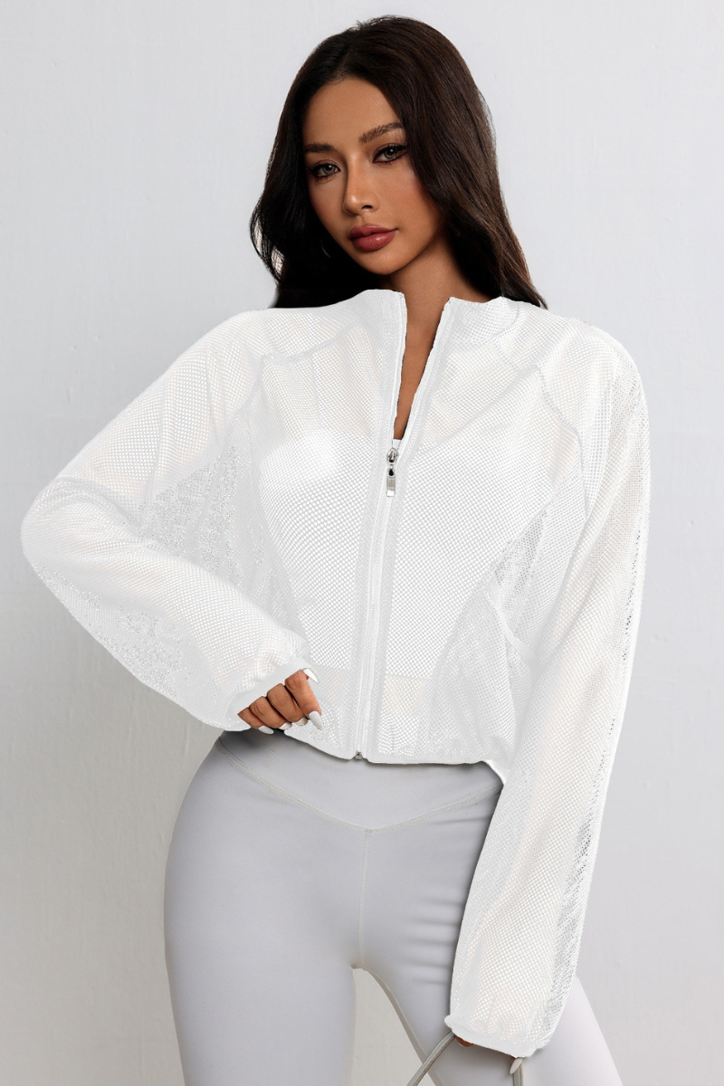 Women's Mock Neck Full Mesh Sheer Cropped Zip-Up Jacket