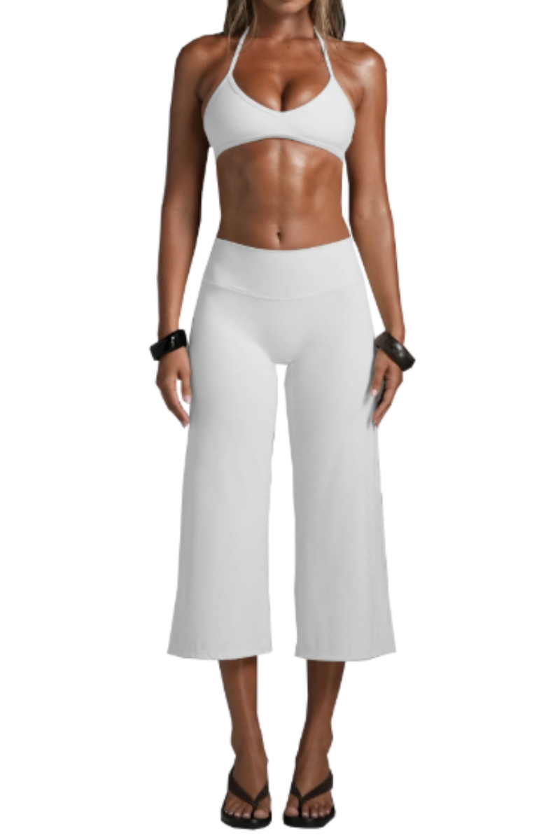 Women's Halter V-Neck Triangle Cup Sports Bra & High-Waist 7/8 Wide-Leg Yoga Pants Set