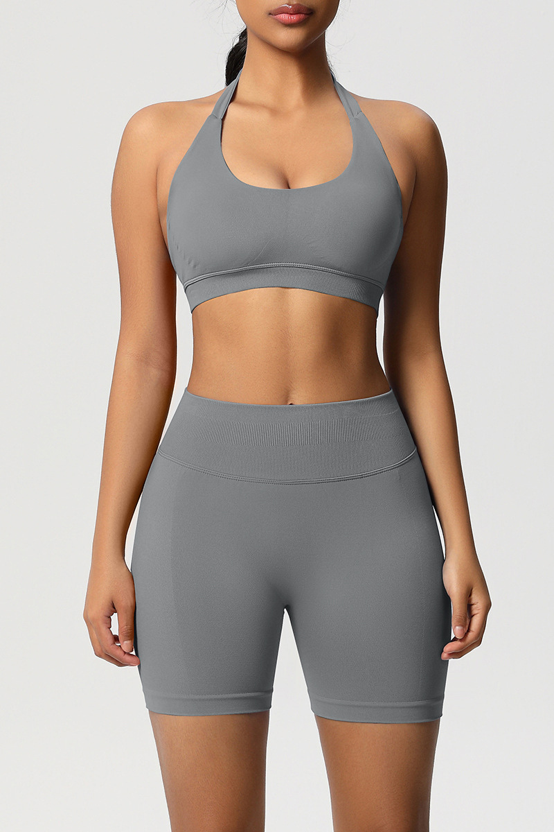 Women Halter Neck Yoga Set: High-Waisted Sculpting Shorts + Backless Sports Bra