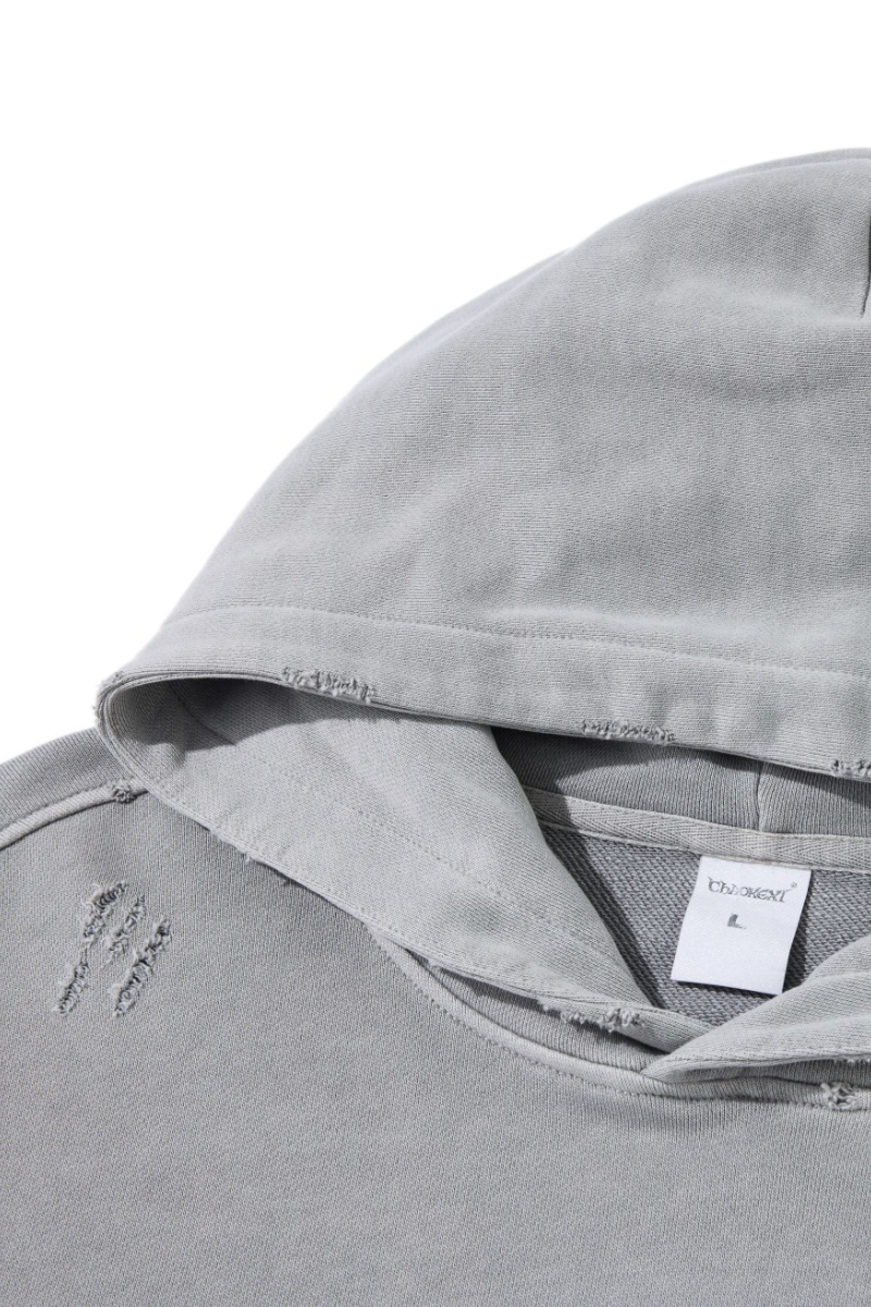 Unisex Fall Winter 100% Cotton Washed Frayed Hem Hoodie