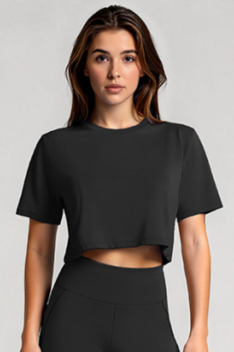 Women's Basic Crew Neck Loose Cropped Sports T-shirt