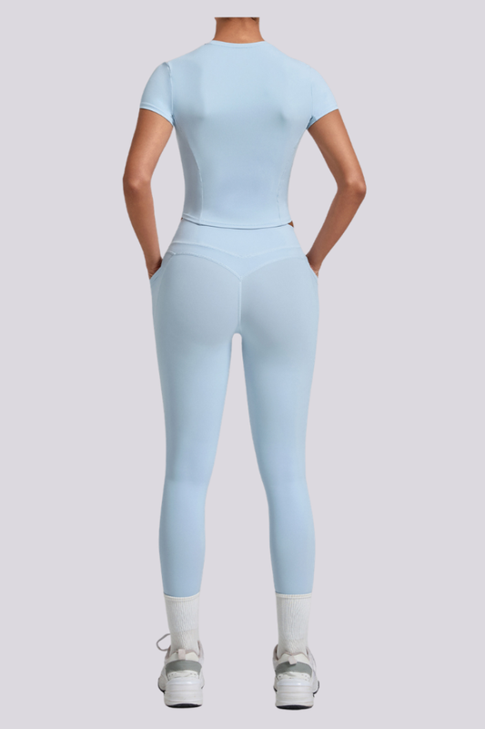 Women's Crew Neck T-shirt Pocket Leggings Yoga 2 Piece Set