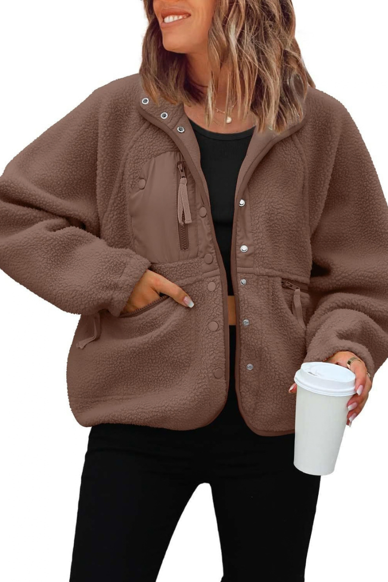 Women's Fall/Winter Patch Pockets Fleece Snap Button Jacket
