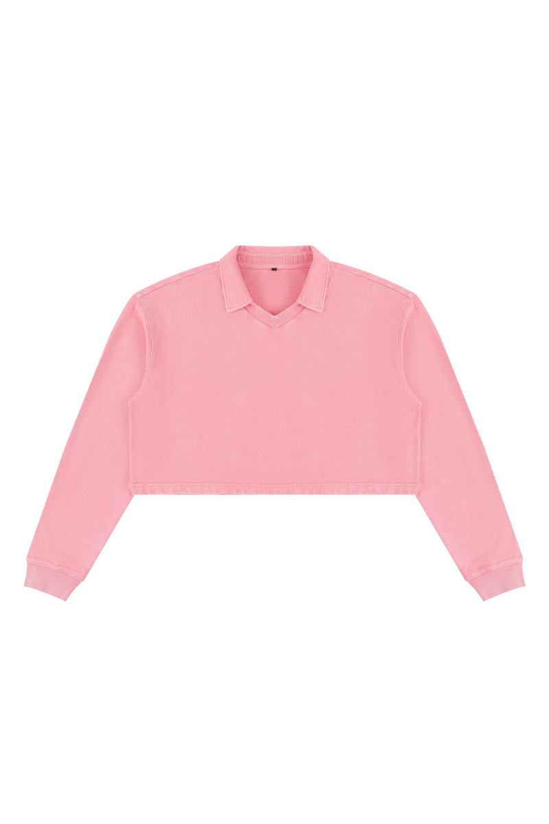 Women's  Fall 100% Cotton Collared V-Neck Crop Sweatshirt