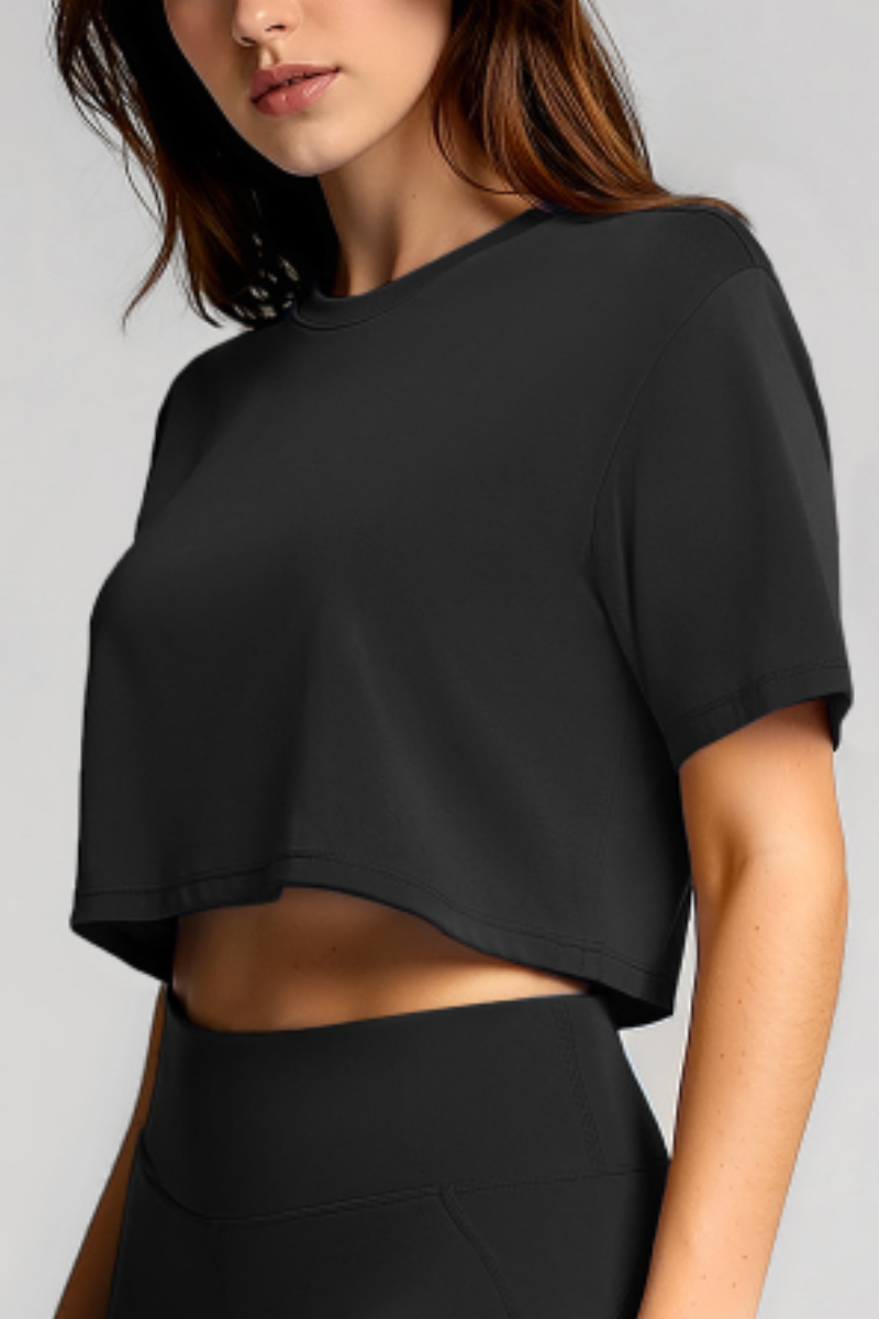Women's Basic Crew Neck Loose Cropped Sports T-shirt