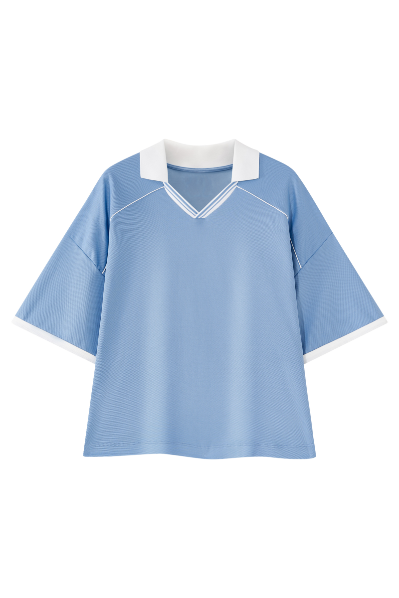 Men's V-Neck Contrast Trim Polo Collar Sports T-shirt