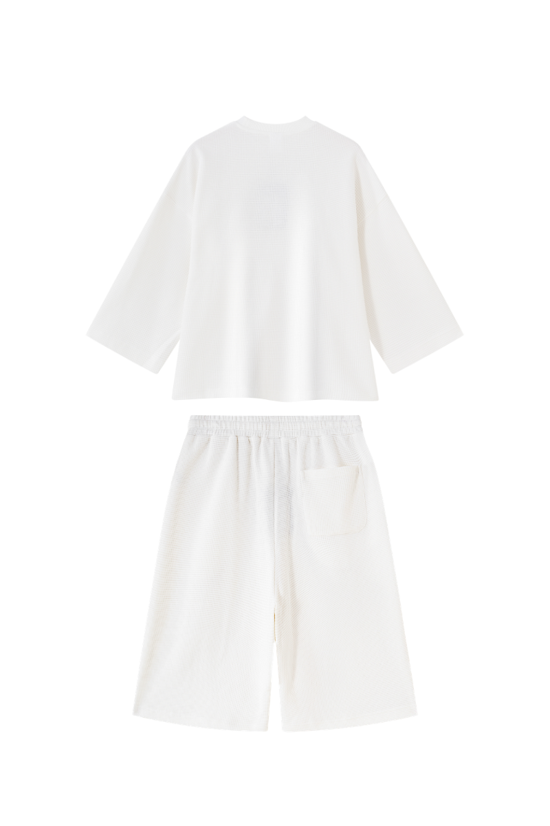 Men's Waffle Knit Set:Loose Fit T-shirt & Knee Length Shorts