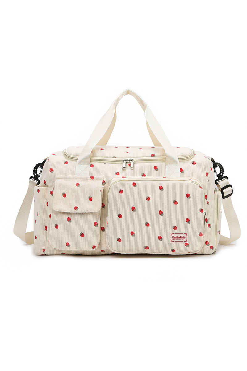Strawberry Print Corduroy Multi-Pocket Travel Duffel Bag