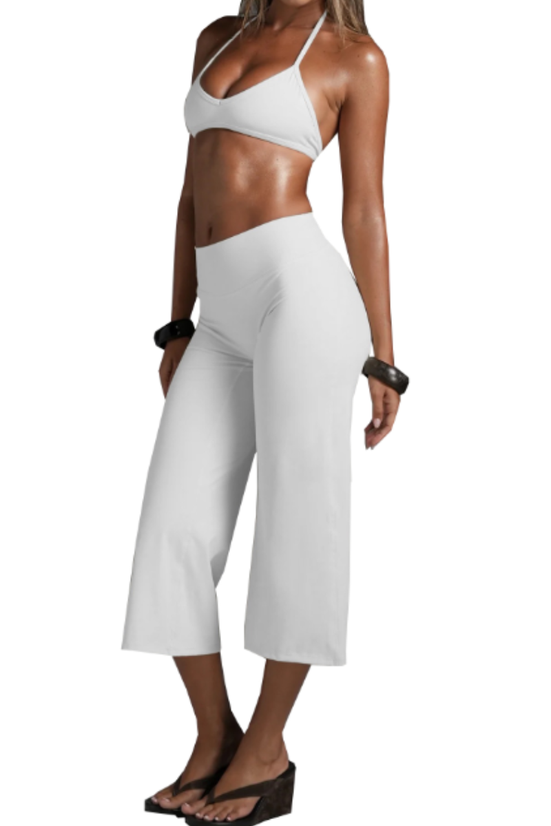 Women's Halter V-Neck Triangle Cup Sports Bra & High-Waist 7/8 Wide-Leg Yoga Pants Set