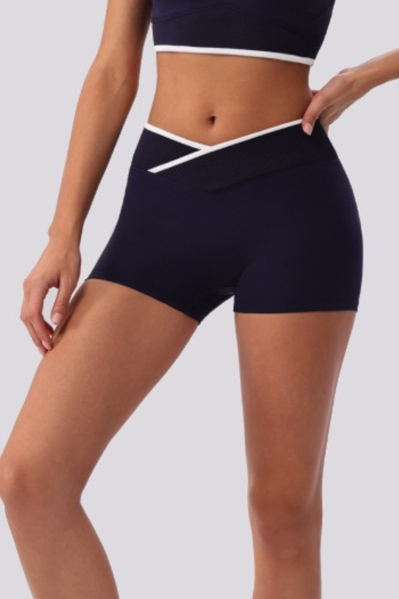Women's Contrast Cross V Waist Bare Feel Yoga Shorts