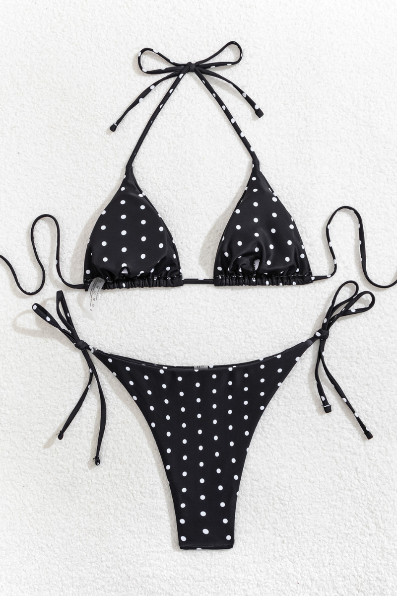 Women Summer Retro Polka Dot Triangle Halter Side Tie Bikini