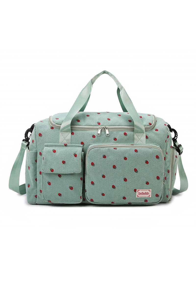 Strawberry Print Corduroy Multi-Pocket Travel Duffel Bag