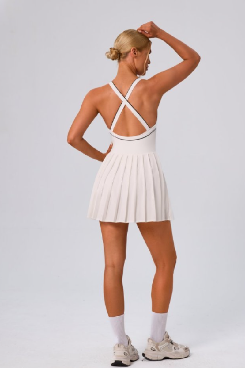 Women's Color Block V-Neck Cross-Back Pleated Tennis Dress