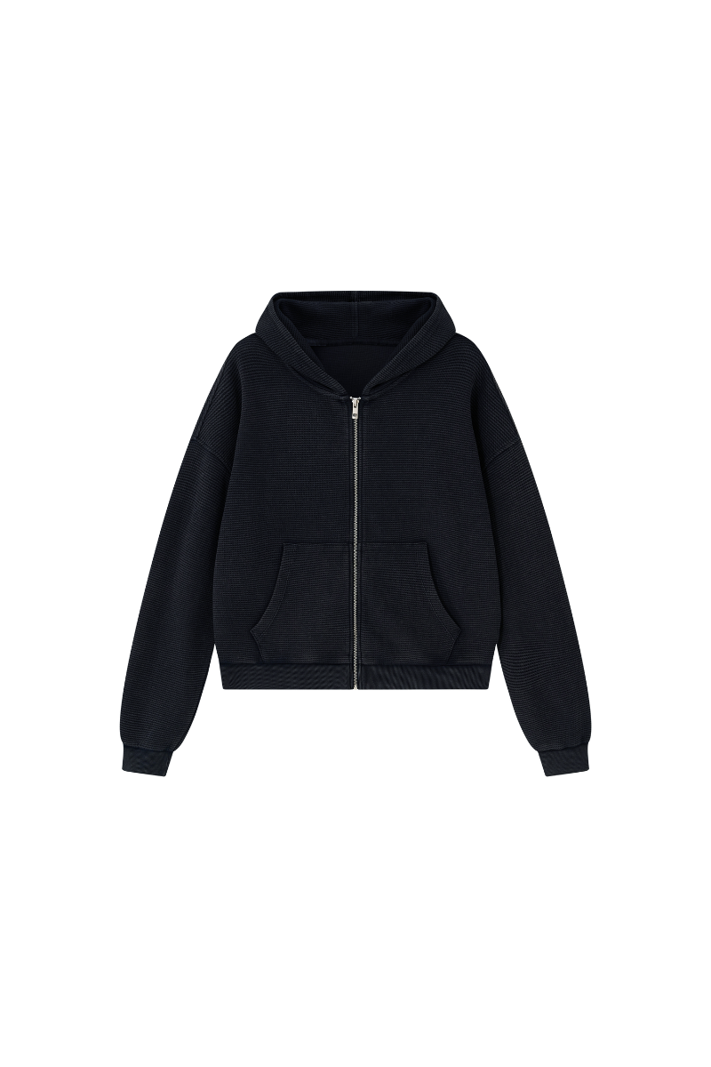 Women's Fall Vintage Washed Waffle Full Zip Up Hooded Jacket