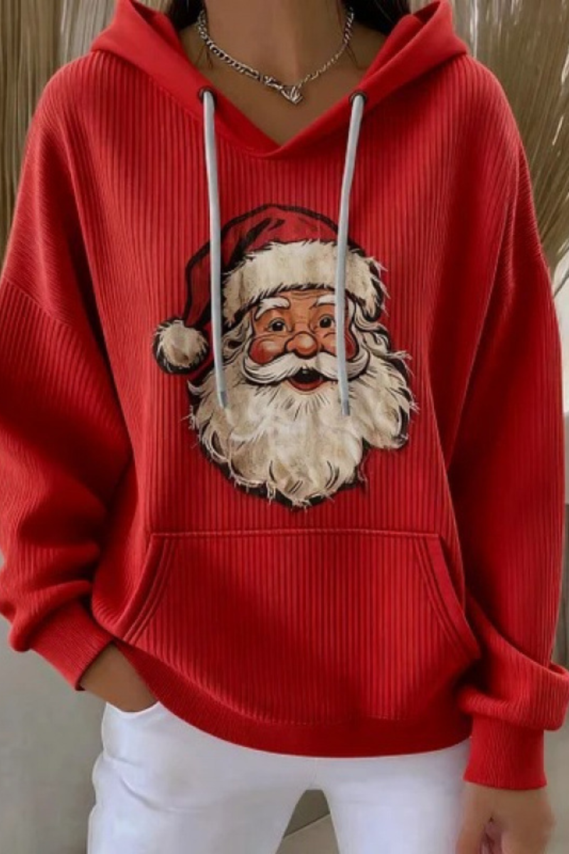 Women's Fall Christmas Print Ribbed Hoodie