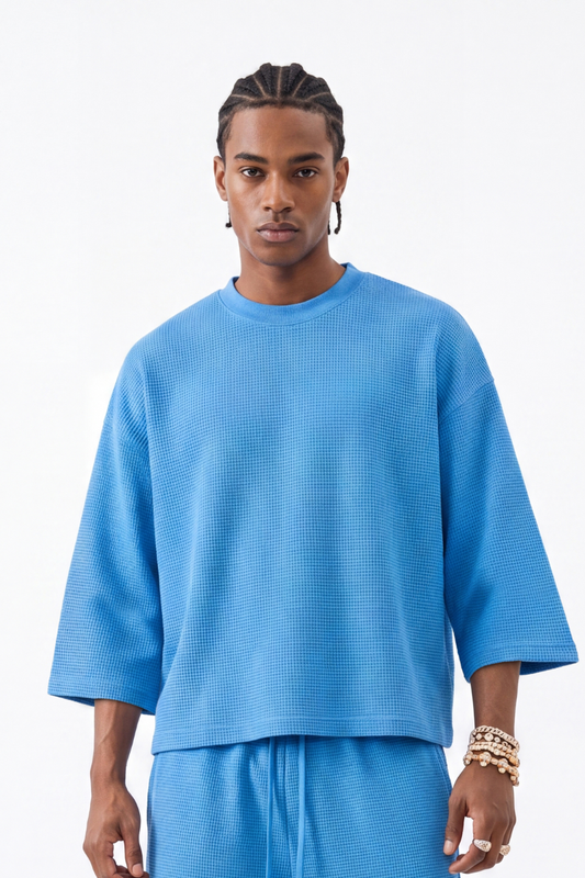 Men's Drop Shoulder Loose Crew Neck Waffle Knit T-shirt