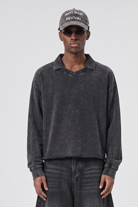 Unisex Fall 100% Cotton Washed Boxy V-Neck Polo Sweatshirt